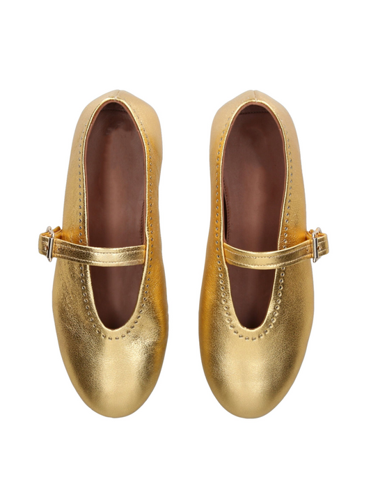 Metallic Gold Eyelet Ballet Flats Mary Janes With Buckled Strap