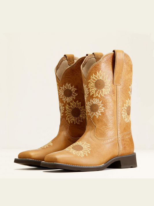 Tan Sunflower Embroidery Square-Toe Wide Mid Calf Cowgirl Boots