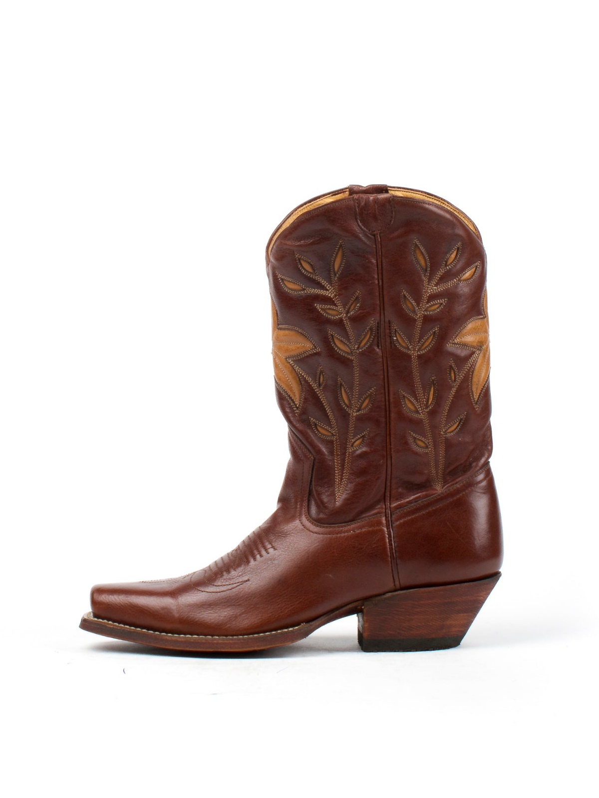 Dark Brown Snip-Toe Flower And Leaves Inlay Wide Mid Calf Cowgirl Boots