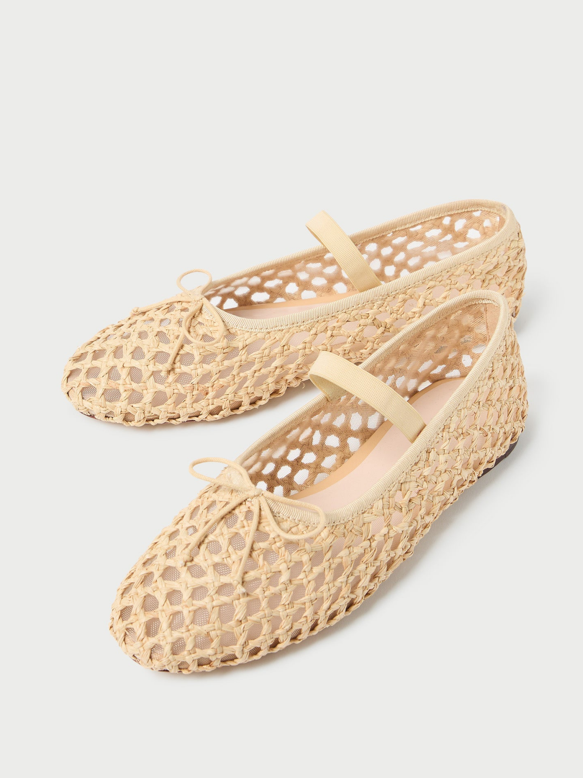 Beige Almond-Toe Straw-Woven Elastic Bridge Strap Bow Mesh Ballet Flats