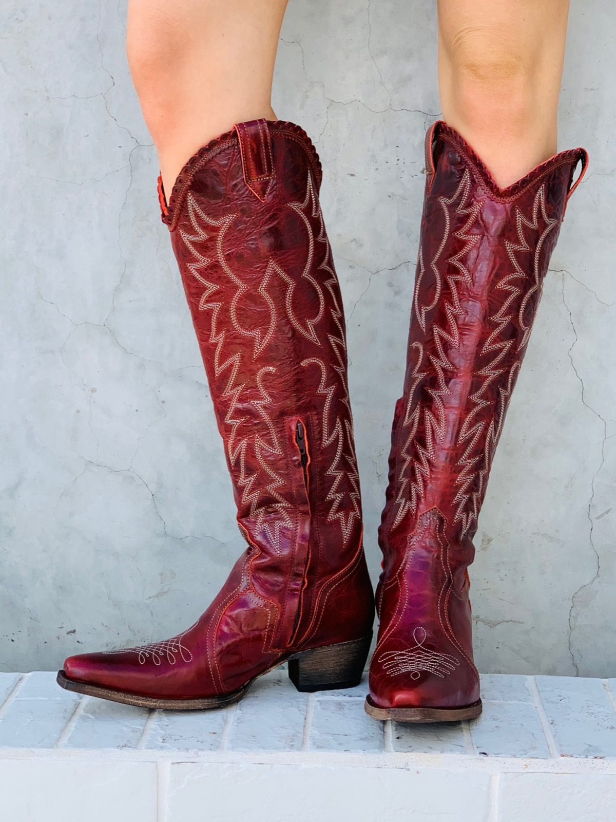 Distressed Snip-Toe Classic Embroidery Half-Zip Knee High Tall Cowgirl Boots - Red