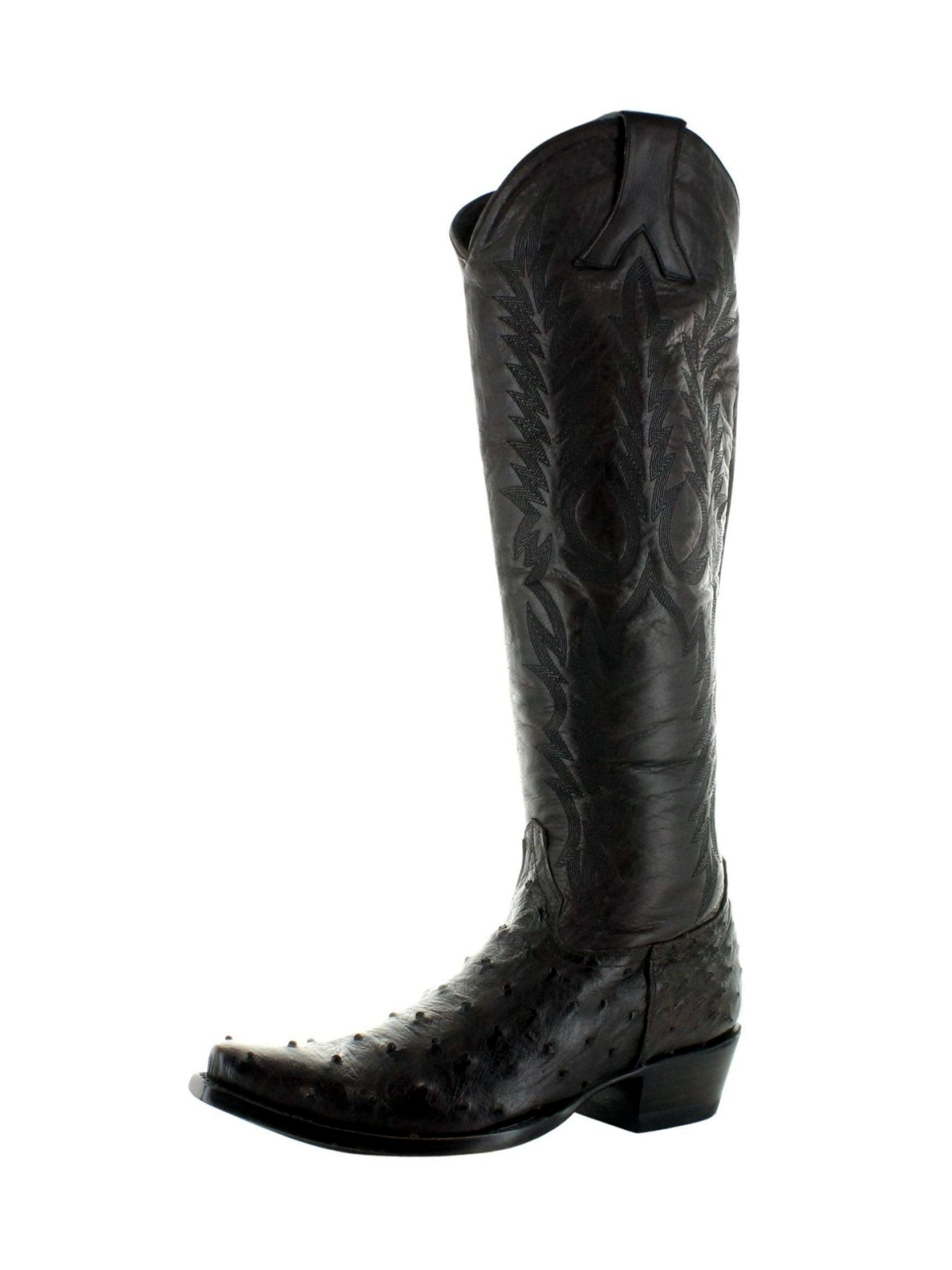 Chocolate Contrast Vegan Leather And Ostrich-Textured Snip-Toe Embroidery Half-Zip Knee High Cowgirl Boots