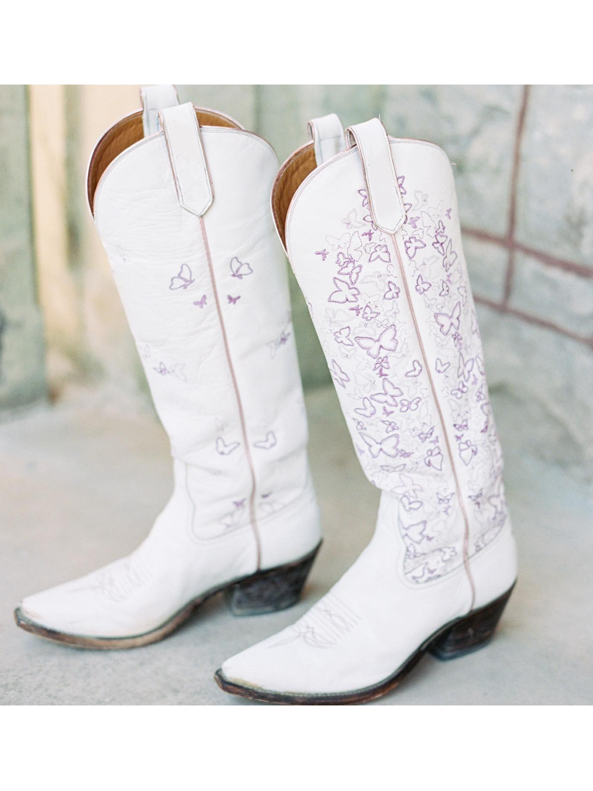 White Almond-Toe Butterfly Embroidery Wide Calf Knee High Tall Cowgirl Boots