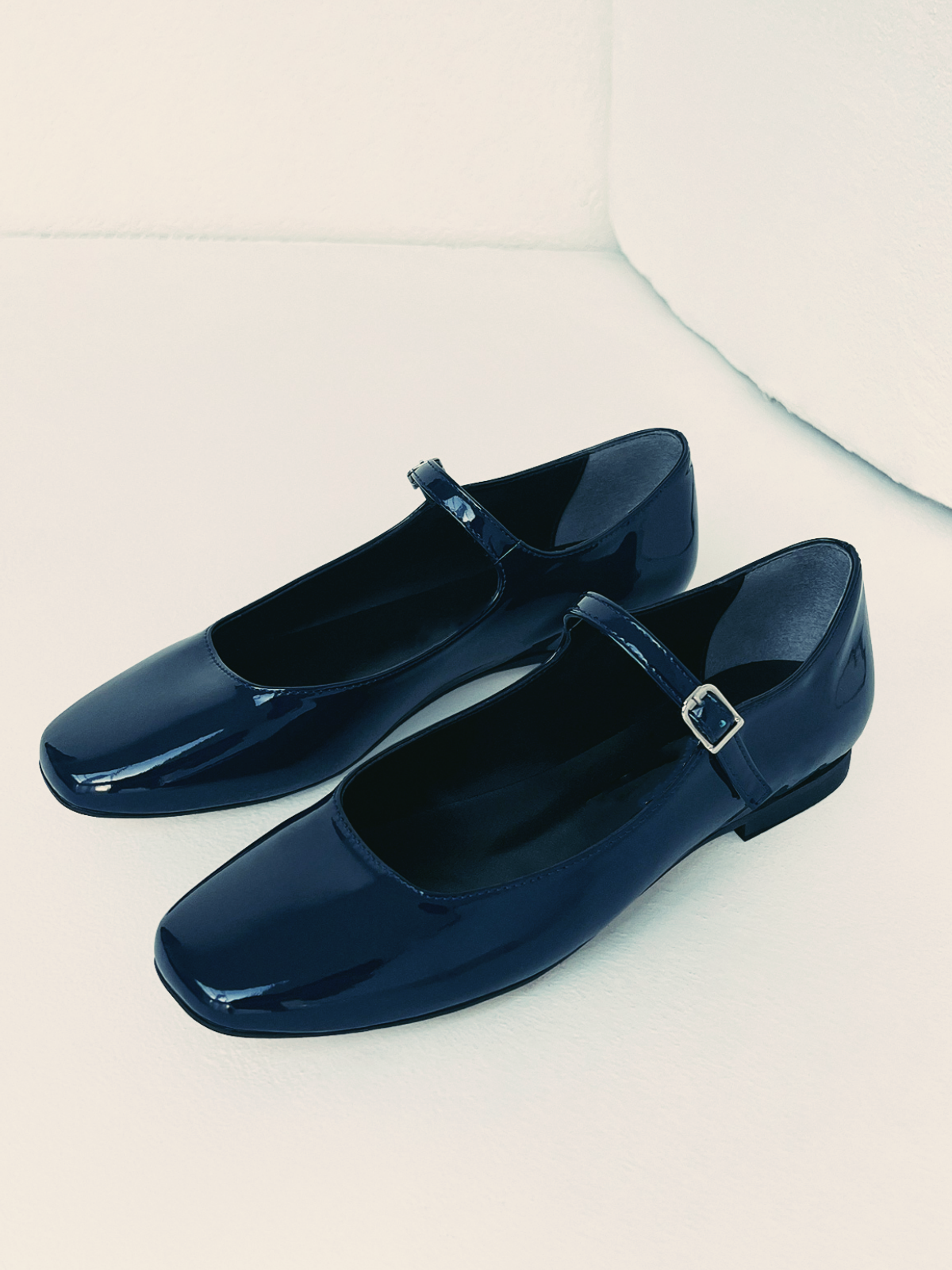 Blue Patent Square-Toe Flats Mary Janes With Buckled Strap