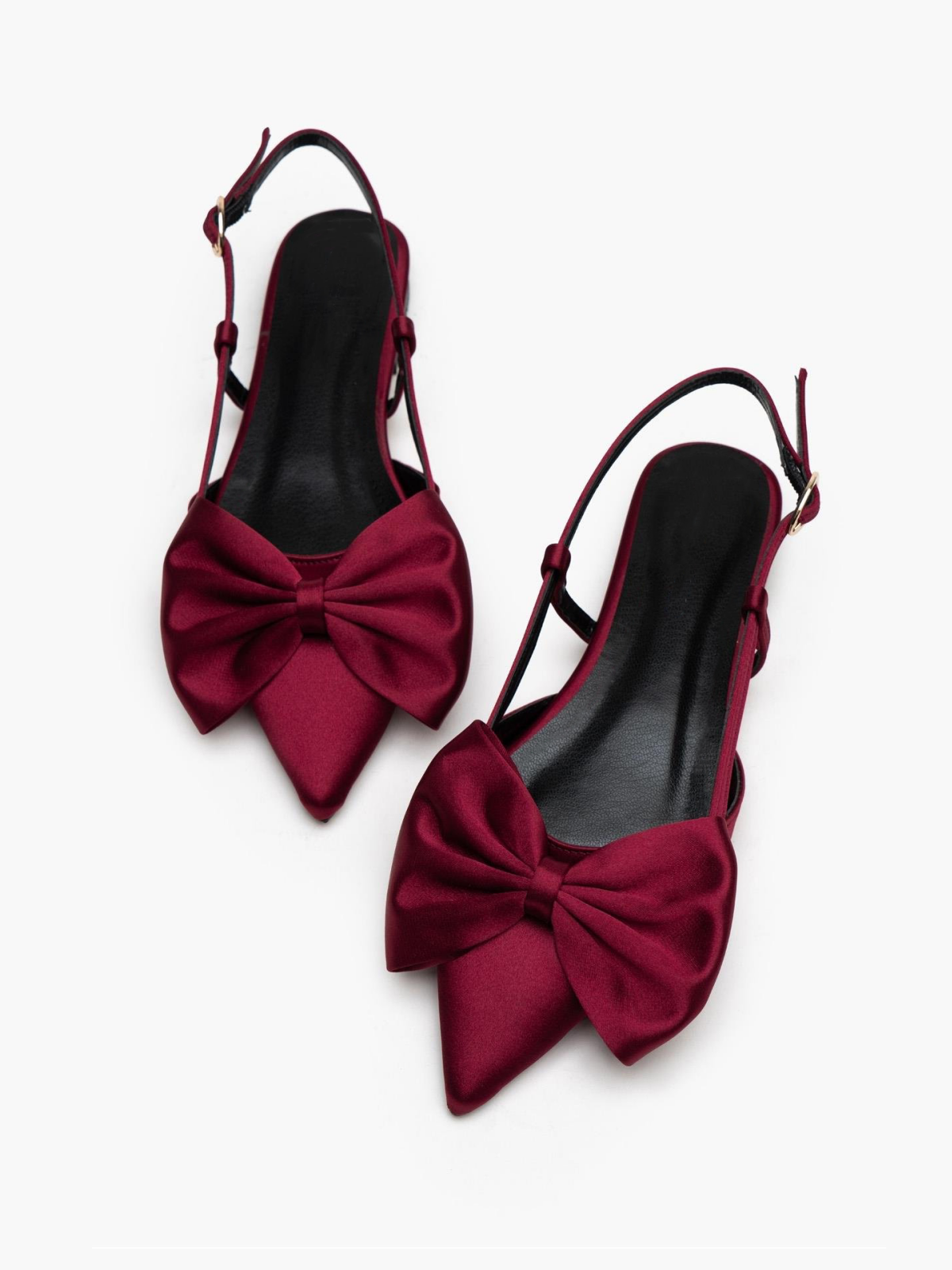 Burgundy Satin Bow Pointy Ballet Flats Slingbacks With Buckled Strap