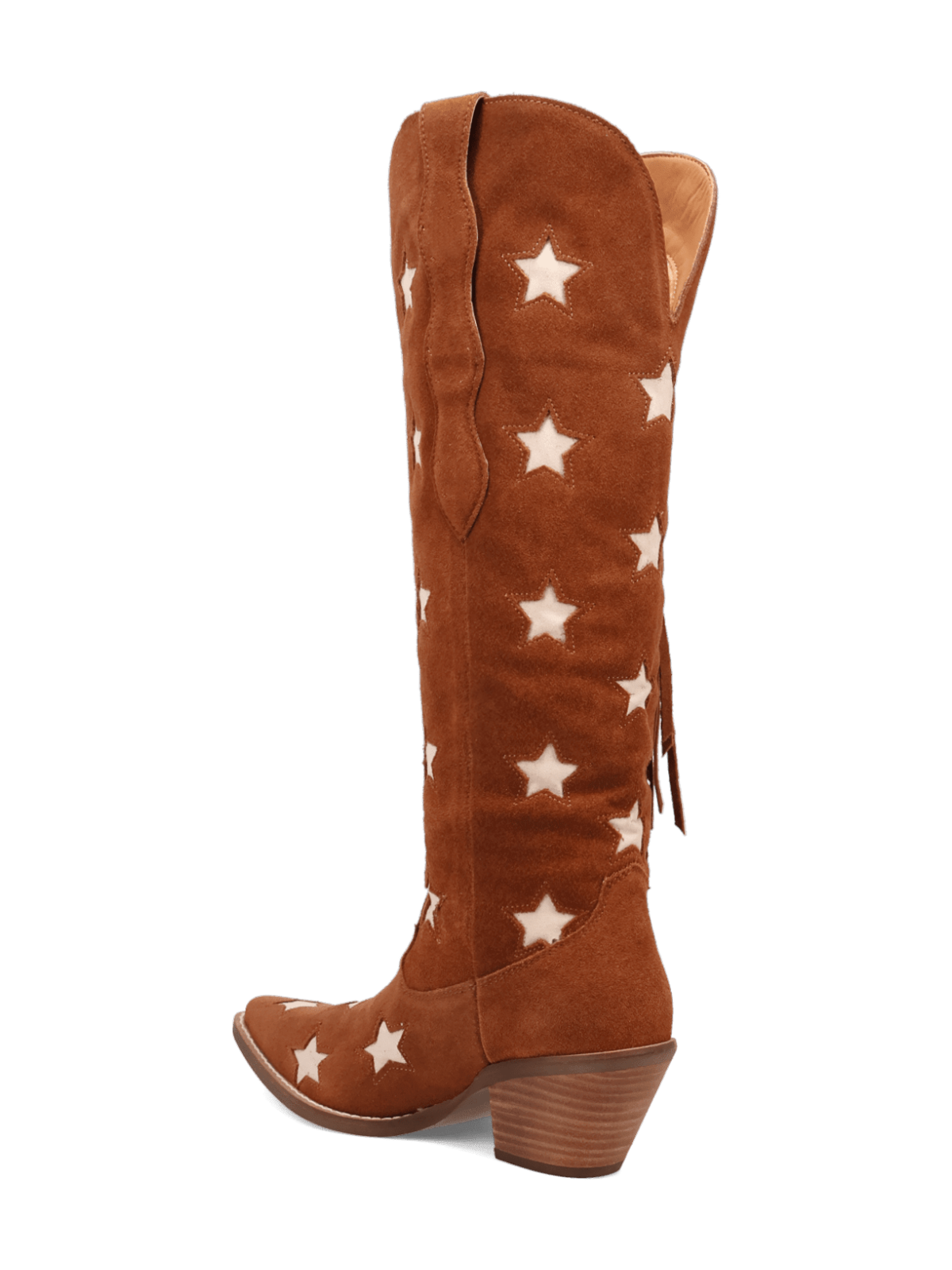 Fringe Faux Suede Snip-Toe Stars Inlay Wide Calf Knee High Cowgirl Boots - Camel