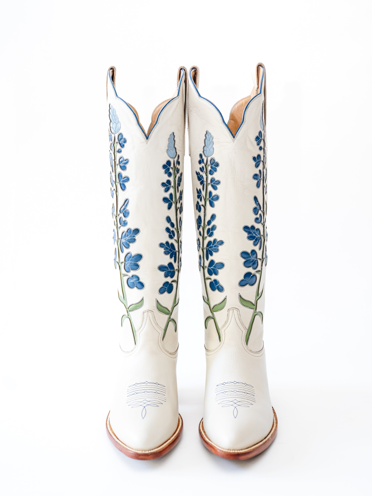 Ivory Almond-Toe Bluebonnet Inlay Wide Calf Tall Knee High Cowgirl Boots