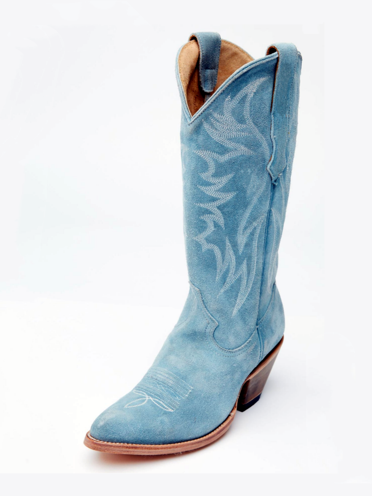 Faux Suede Wings Embroidery Pointed-Toe Wide Mid Calf Tall Cowgirl Boots - Blue