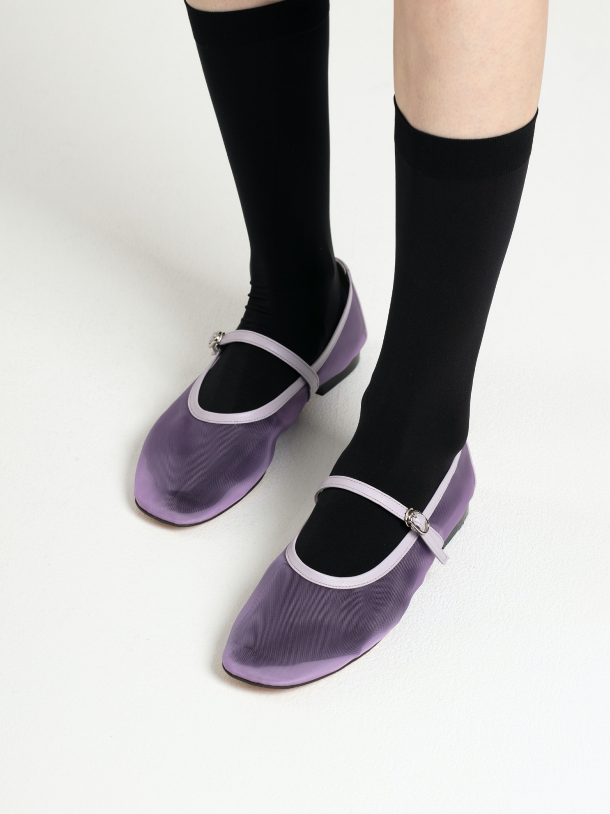 Lilac Purple Mesh Square-Toe Flats Mary Janes With Adjustable Strap