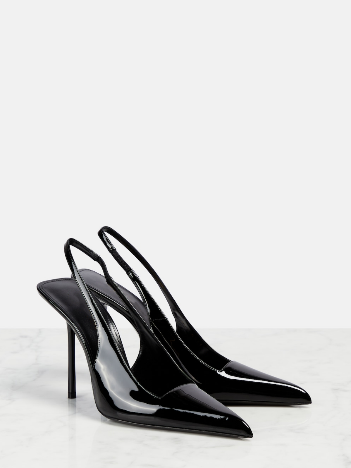 Patent Black Pointy Slingback Stiletto Pumps with Buckled Strap