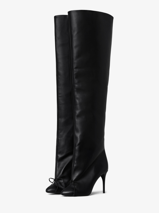 Black Round-Toe Wide Calf Over-The-Knee Stiletto Boots With A Knot