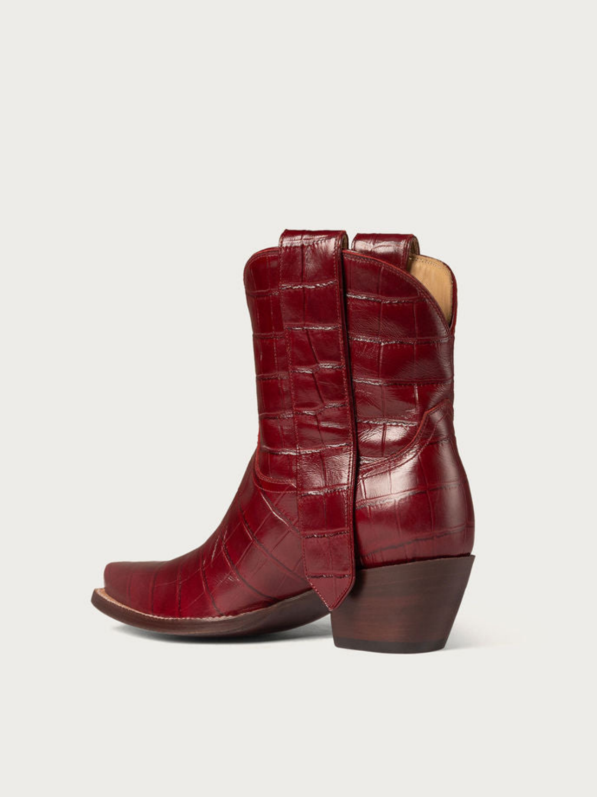 Wine Red Crocodile-Embossed Snip-Toe Wide Mid Calf Cowgirl Boots