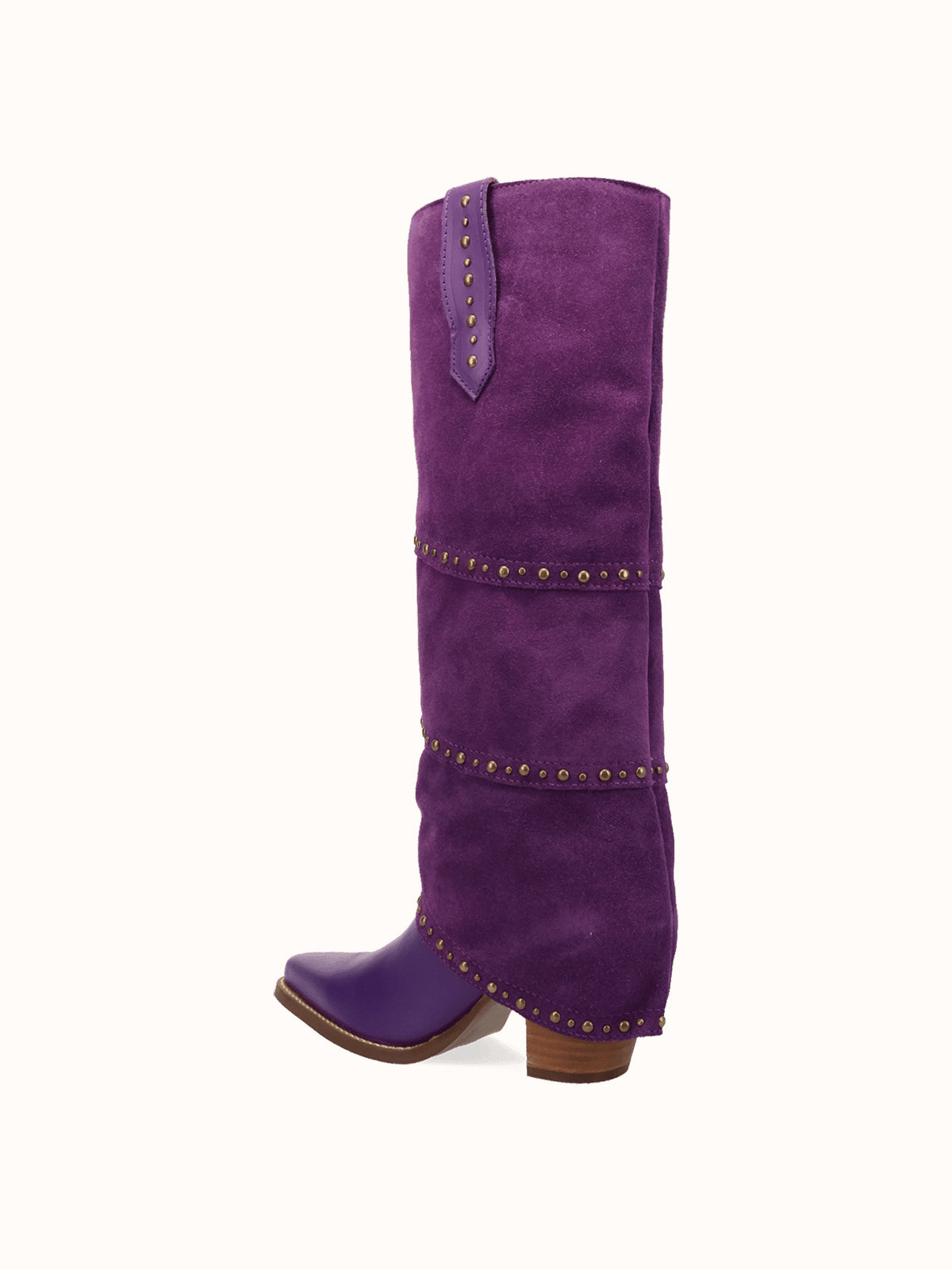 Purple Snip-Toe Faux Suede Fold-Over With Studs Wide Calf Knee High Cowgirl Boots