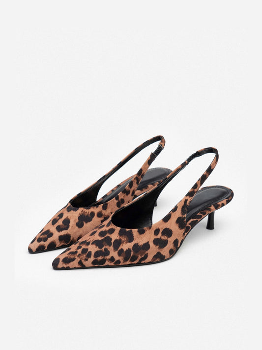 Slingback Pointed-Toe Kitten Heels - Leopard Satin