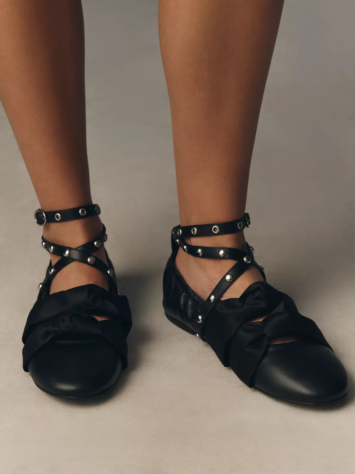 Black Round-Toe Studded Ankle Straps Front Double Satin Straps Ballet Flats