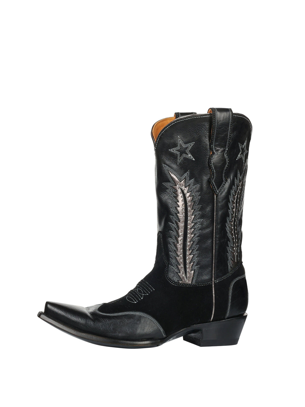 Black Snip-Toe Star Embroidery Studs Classic Inlay Half-Zip Mid Calf Cowgirl Boots
