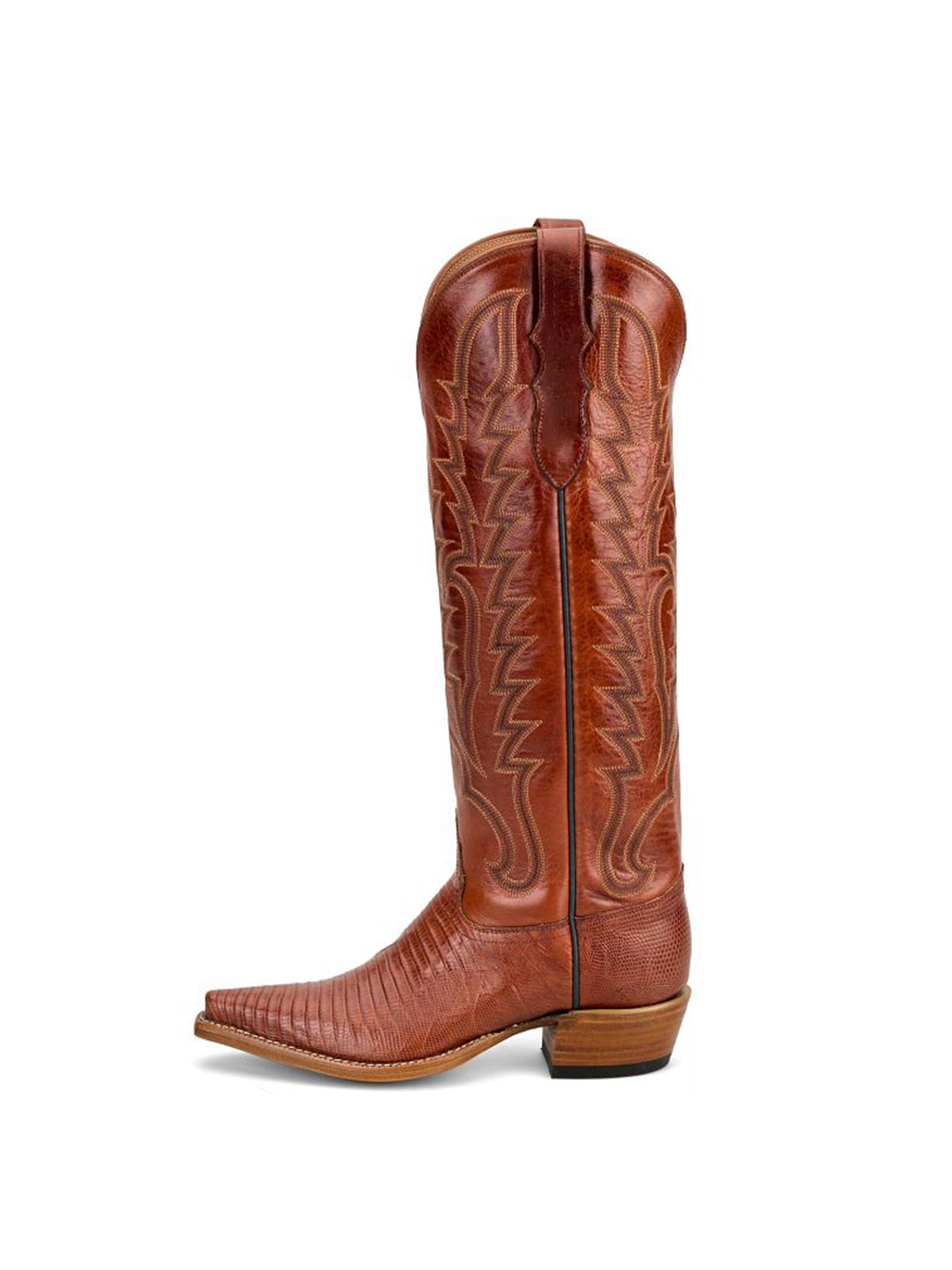 Brown Lizard Print Snip-Toe Western Stitch Knee High Cowgirl Boots