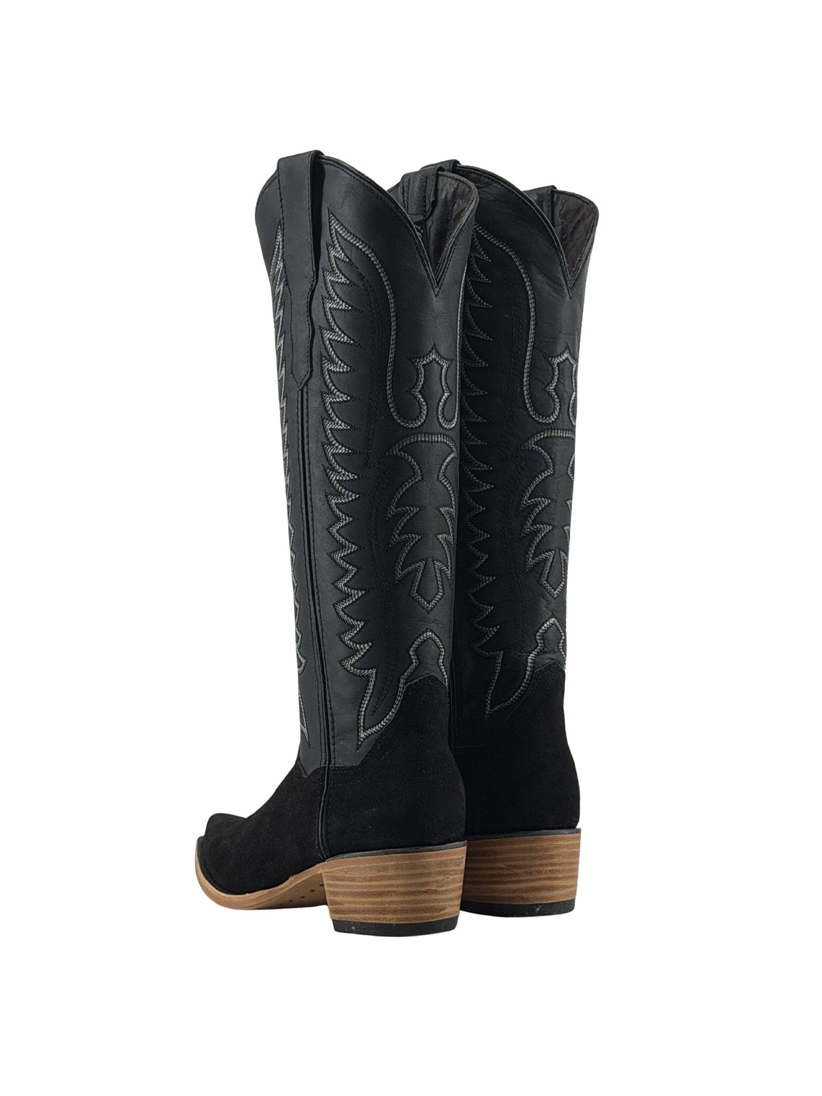 Black Snip-Toe Sleek Embroidery Half-Zip Knee High Cowgirl Boots For Woman