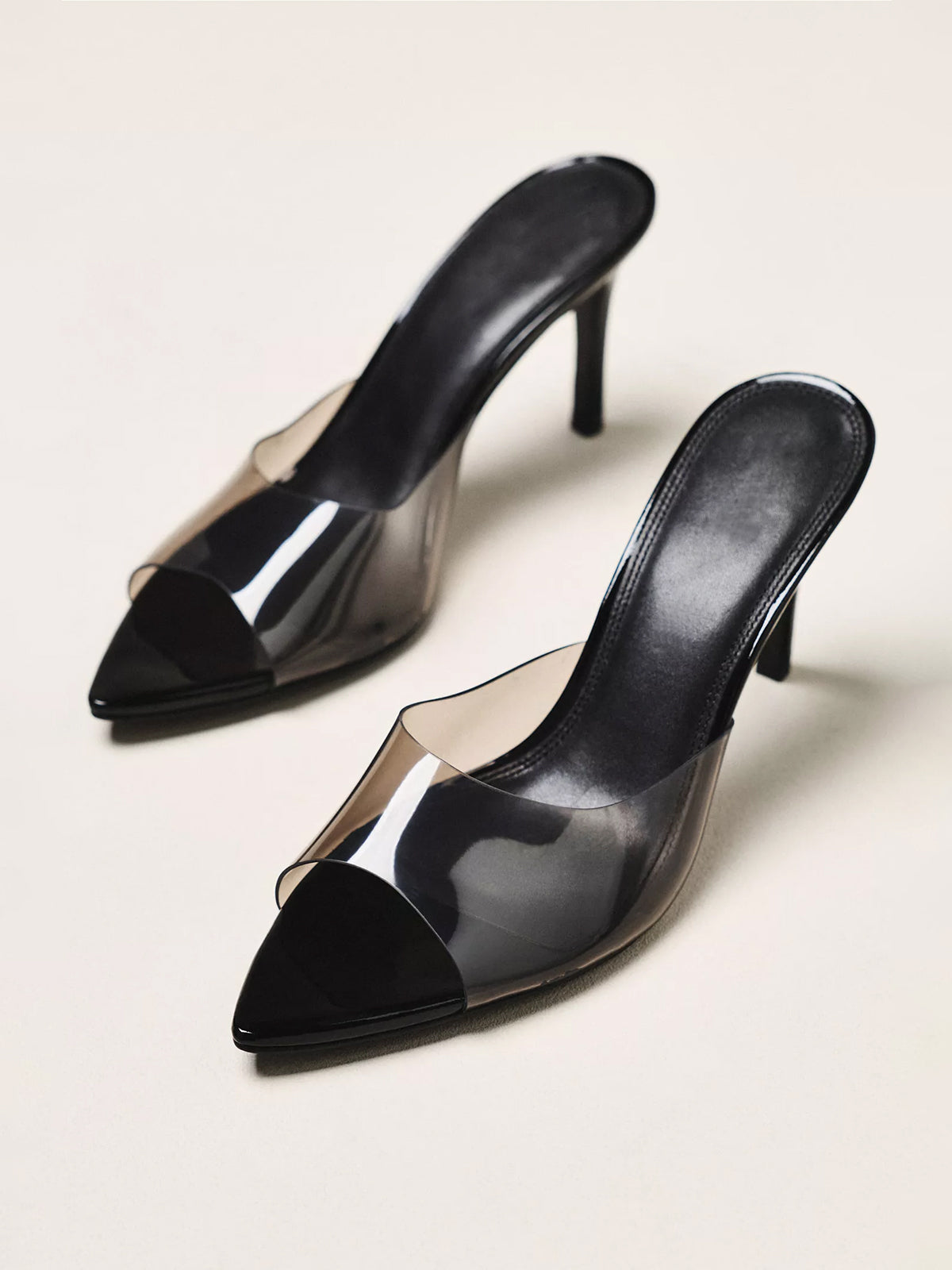 Black Transparent TPU Film Open Pointed-Toe Slip-On High Heels