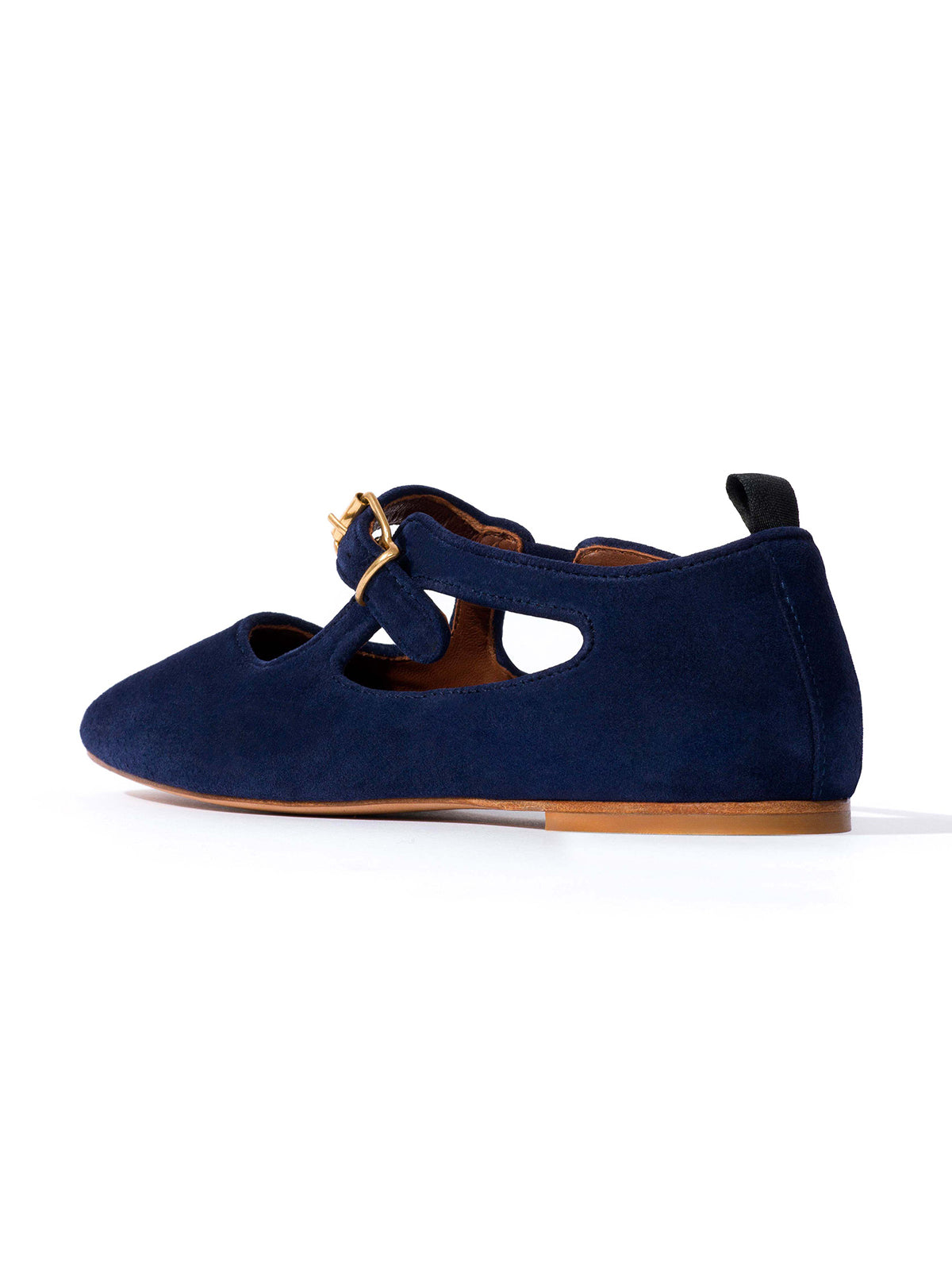 Square-Toe Buckle Strap Chic Flats - Navy Faux Suede