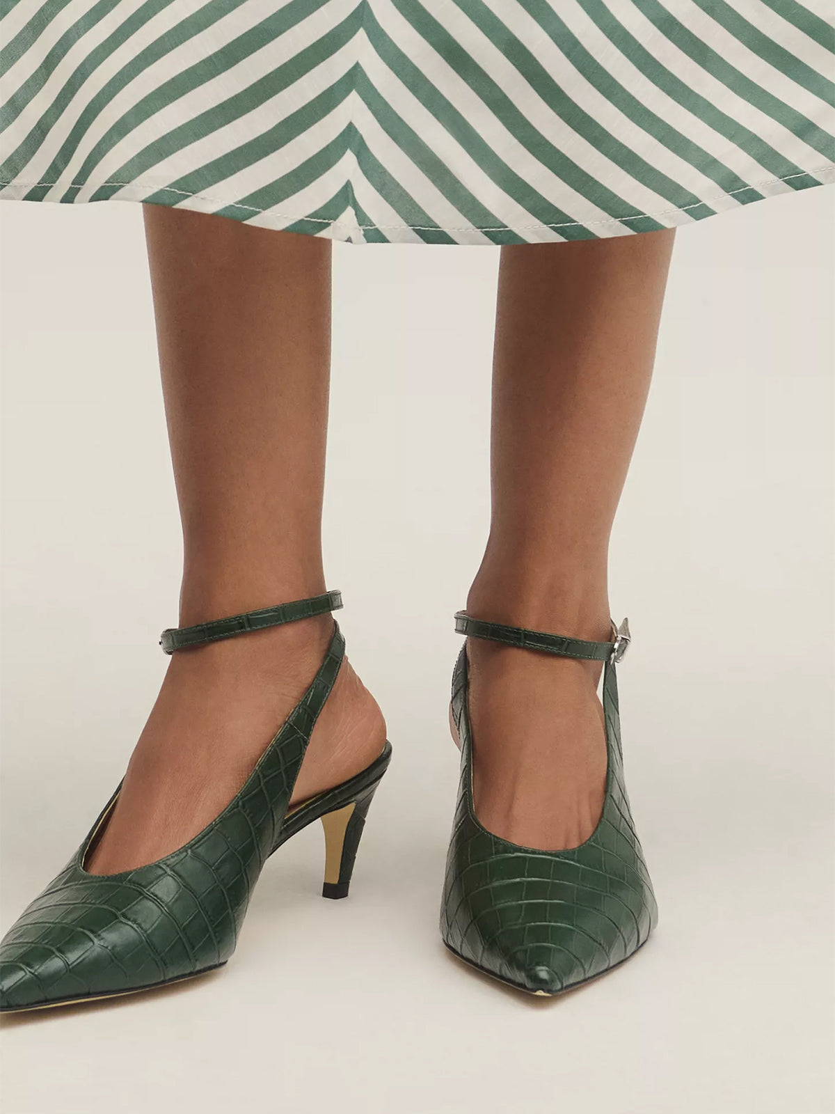 Green Stone Print Pointed-Toe Chic Slingback And Buckle Ankle Strap Kitten Heels