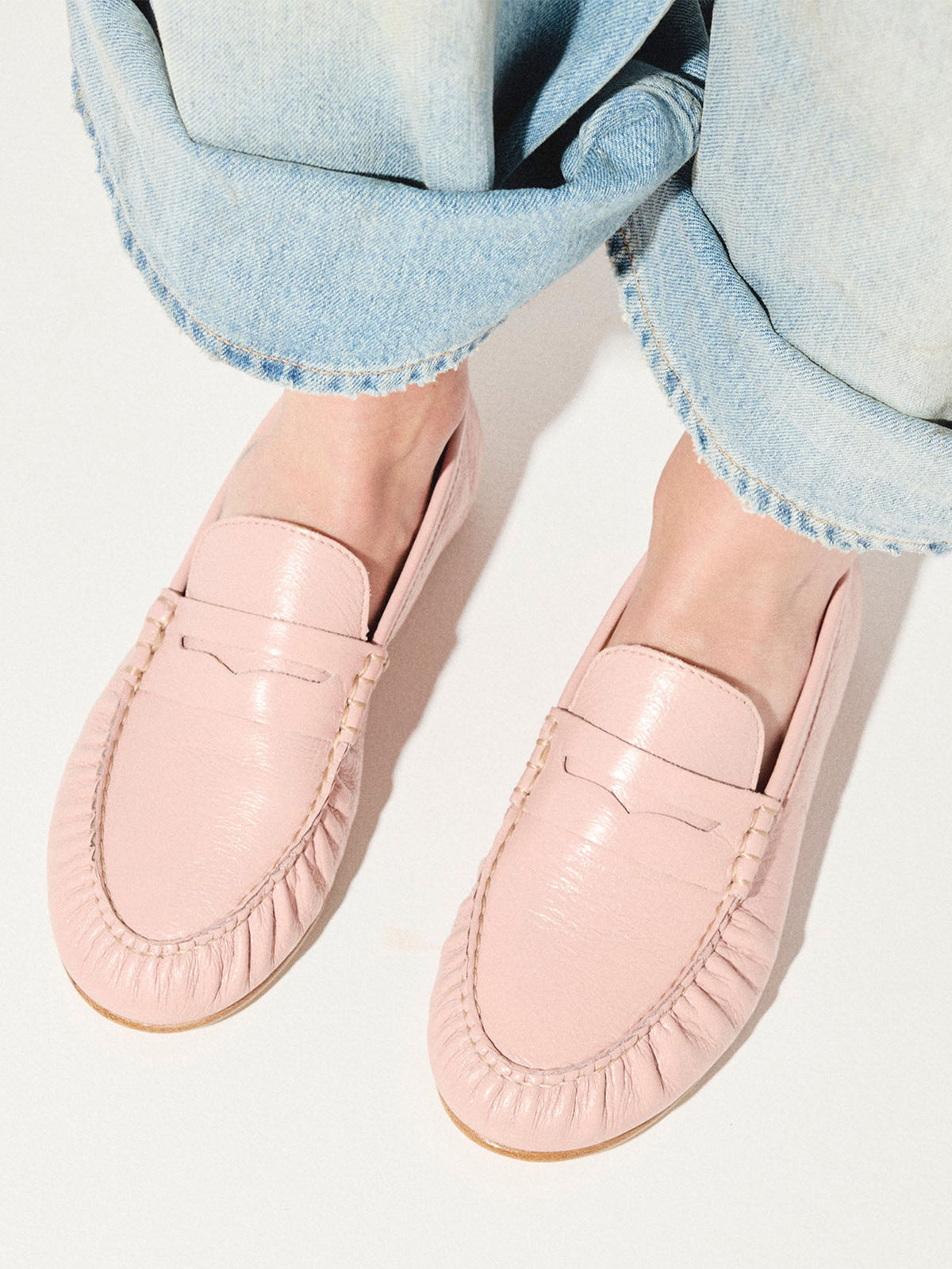 Blush Pink Round-Toe Slip-On Ruched Loafers Flats