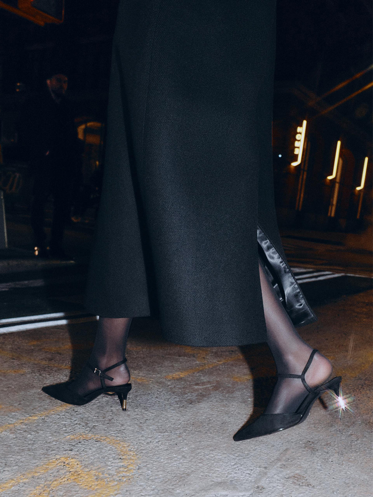 Black Faux Suede Pointed-Toe Ankle Strap With Buckle Slingback Kitten Heels