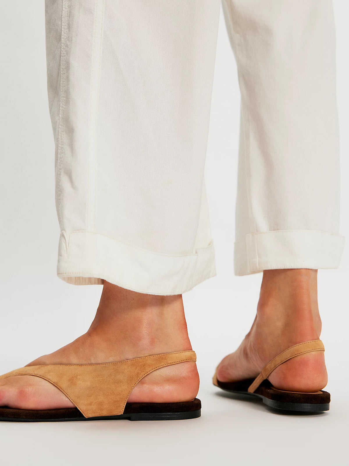 Camel Faux Suede Round-Toe Toe-Loop Design Slingback Flats