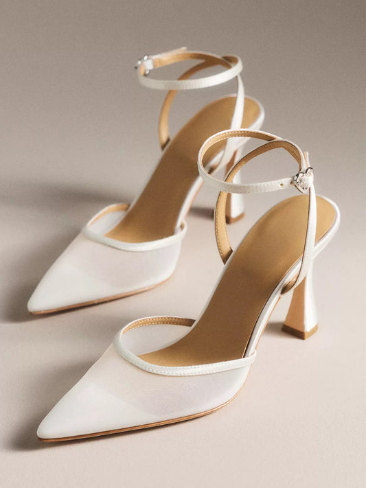 White Mesh Pointed-Toe Simple Back And Ankle Strap High Heels