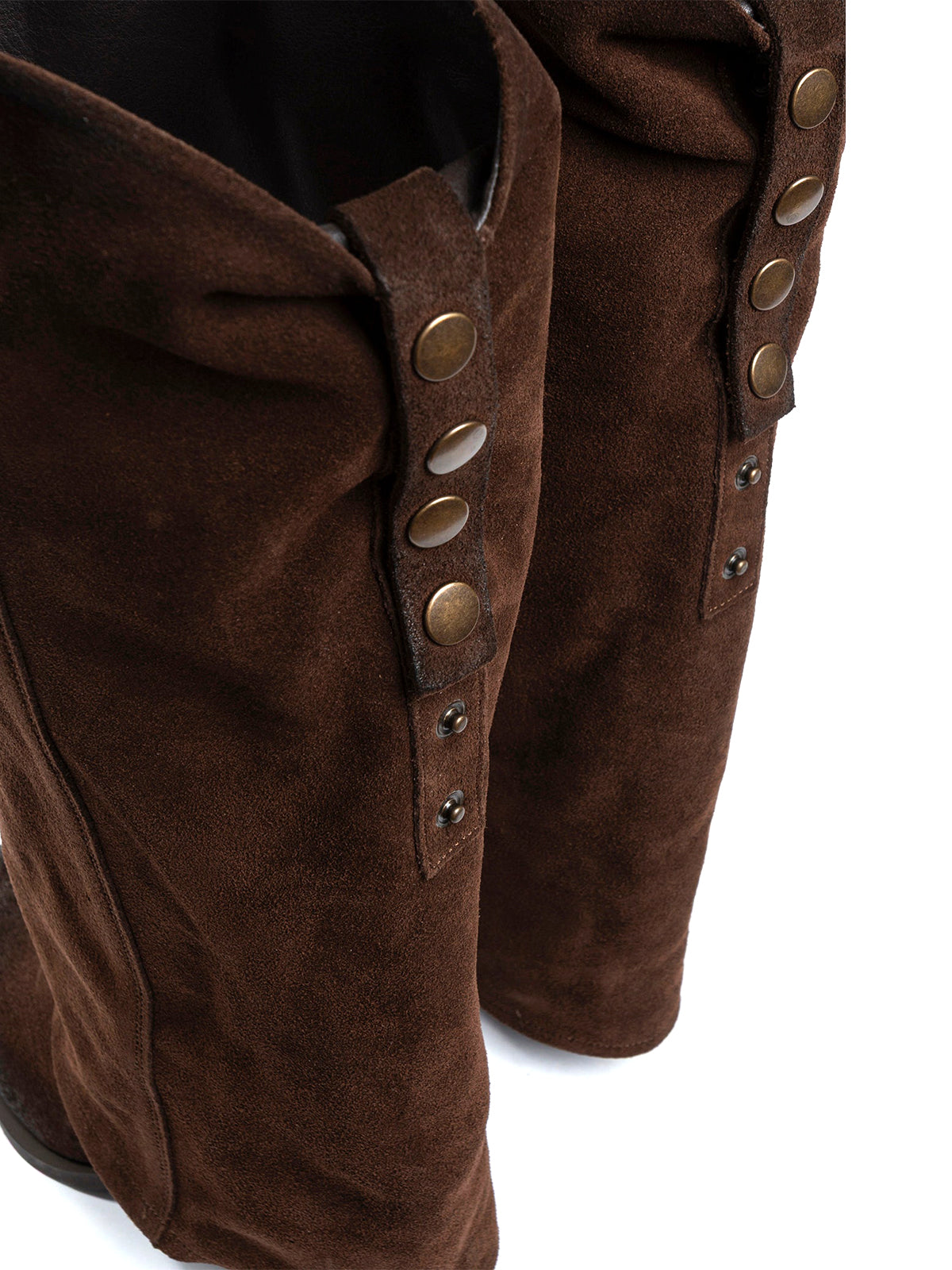 Dark Brown Faux Suede Snip-Toe Fold-Over Back Studs Wide Calf Knee High Cowgirl Boots