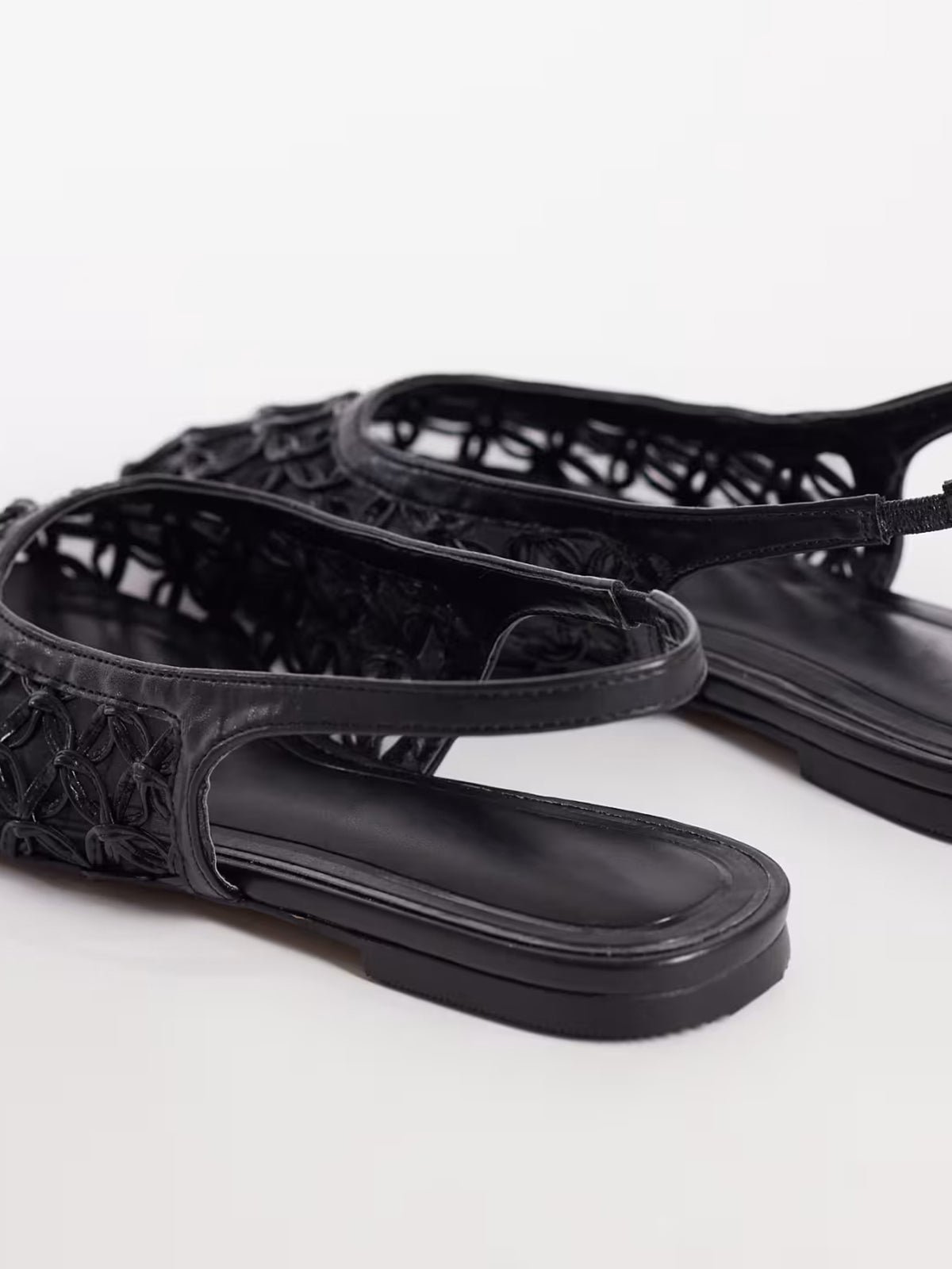 Black Woven Vegan Leather Square-Toe Classic Back Strap Flats
