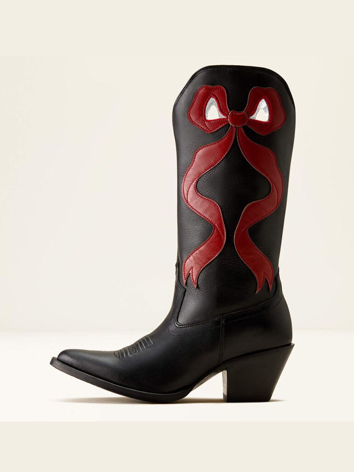 Black Almond-Toe Red Side Big Bow Applique Mid Calf Cowgirl Boots
