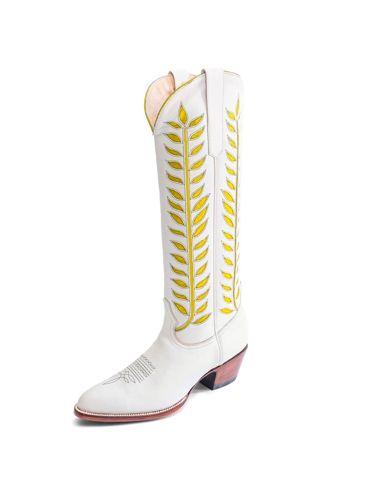 Almond-Toe Yellow Leaves Inlay Wide Calf Tall Knee High Cowgirl Boots - White