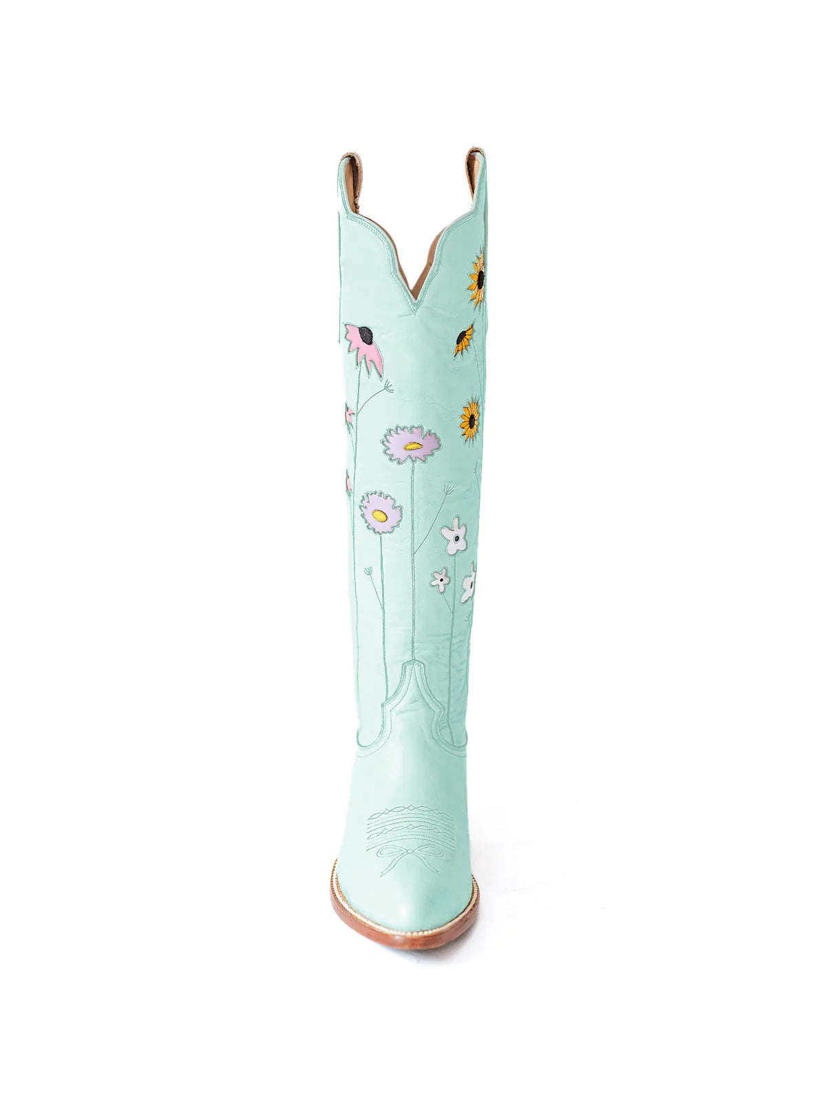 Light Blue Almond-Toe Colorful Flowers Inlay Wide Calf Knee High Cowgirl Boots