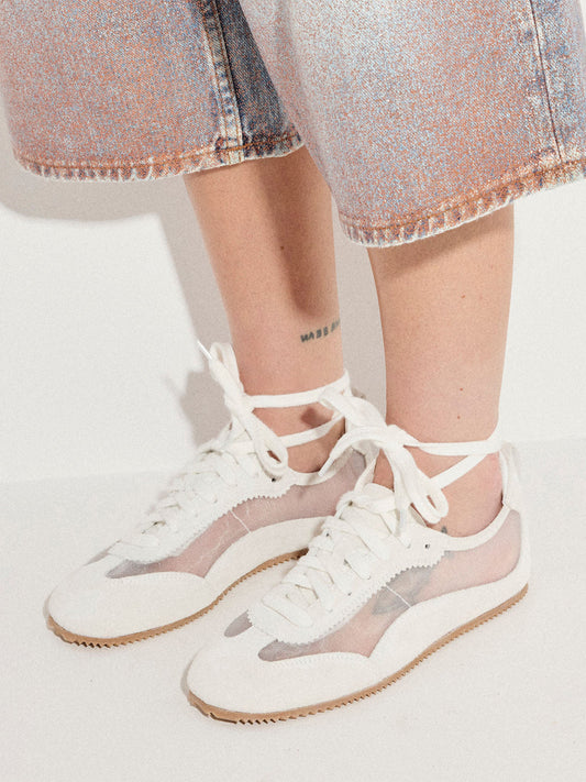 Ivory Cow Suede And Mesh Square-Toe Stylish Lace-Up Sneakers