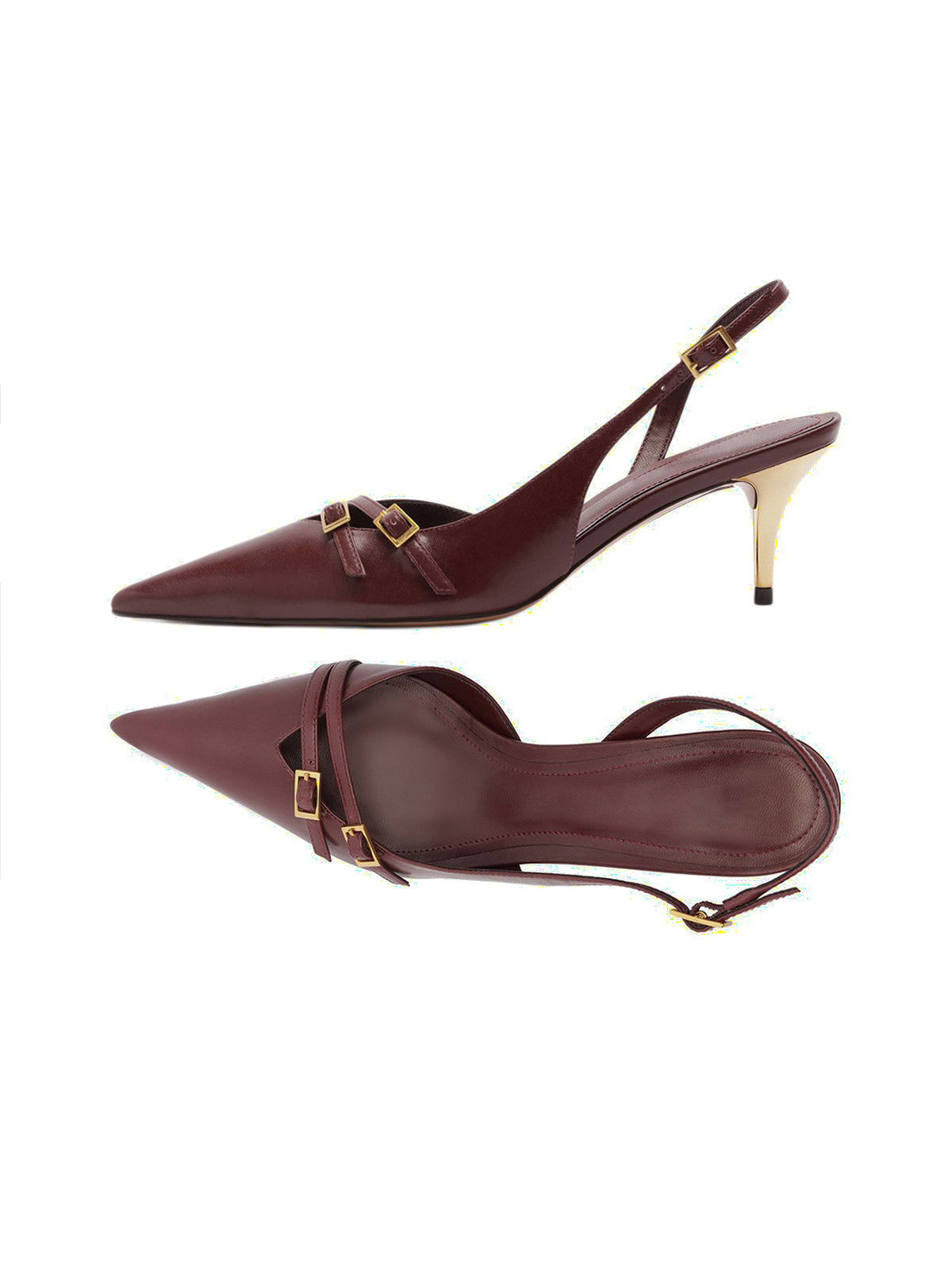 Burgundy Pointed-Toe Front Double Buckle Straps Buckle Slingback Kitten Heels