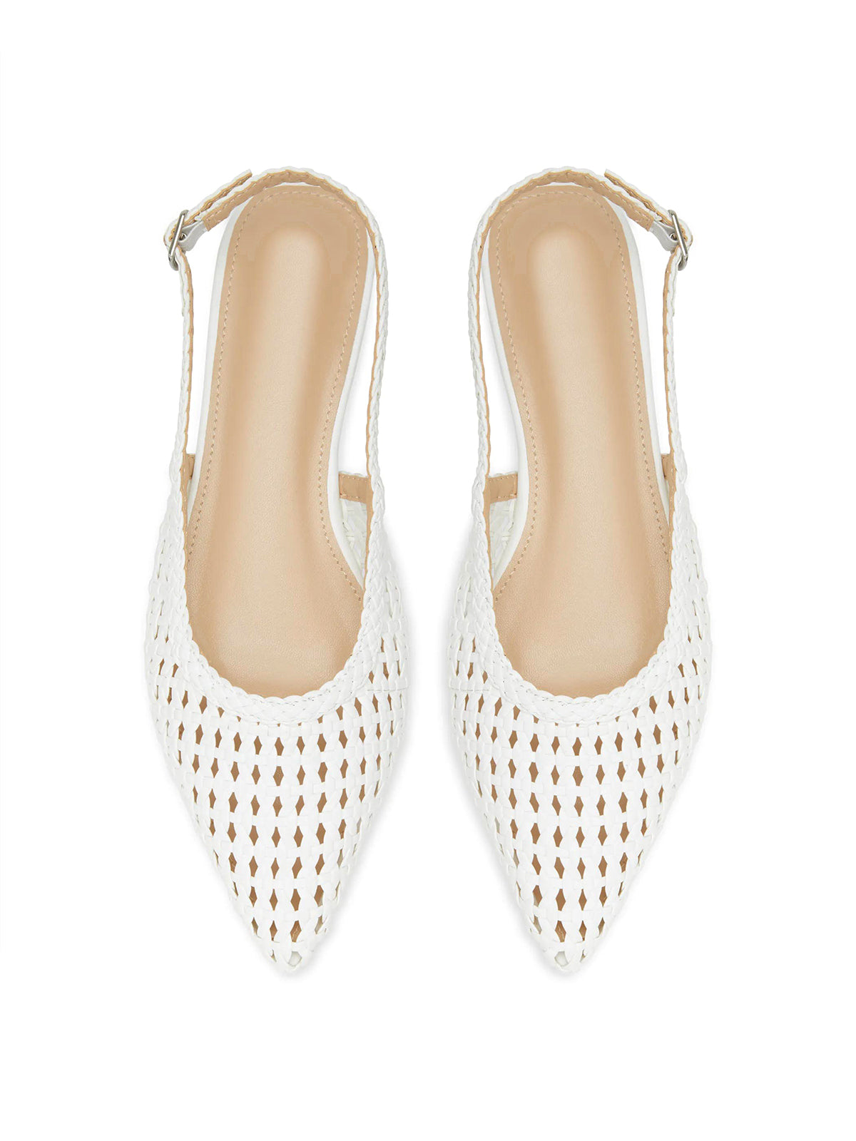 White Woven Vegan Leather Pointed-Toe Classic Back Strap Flats