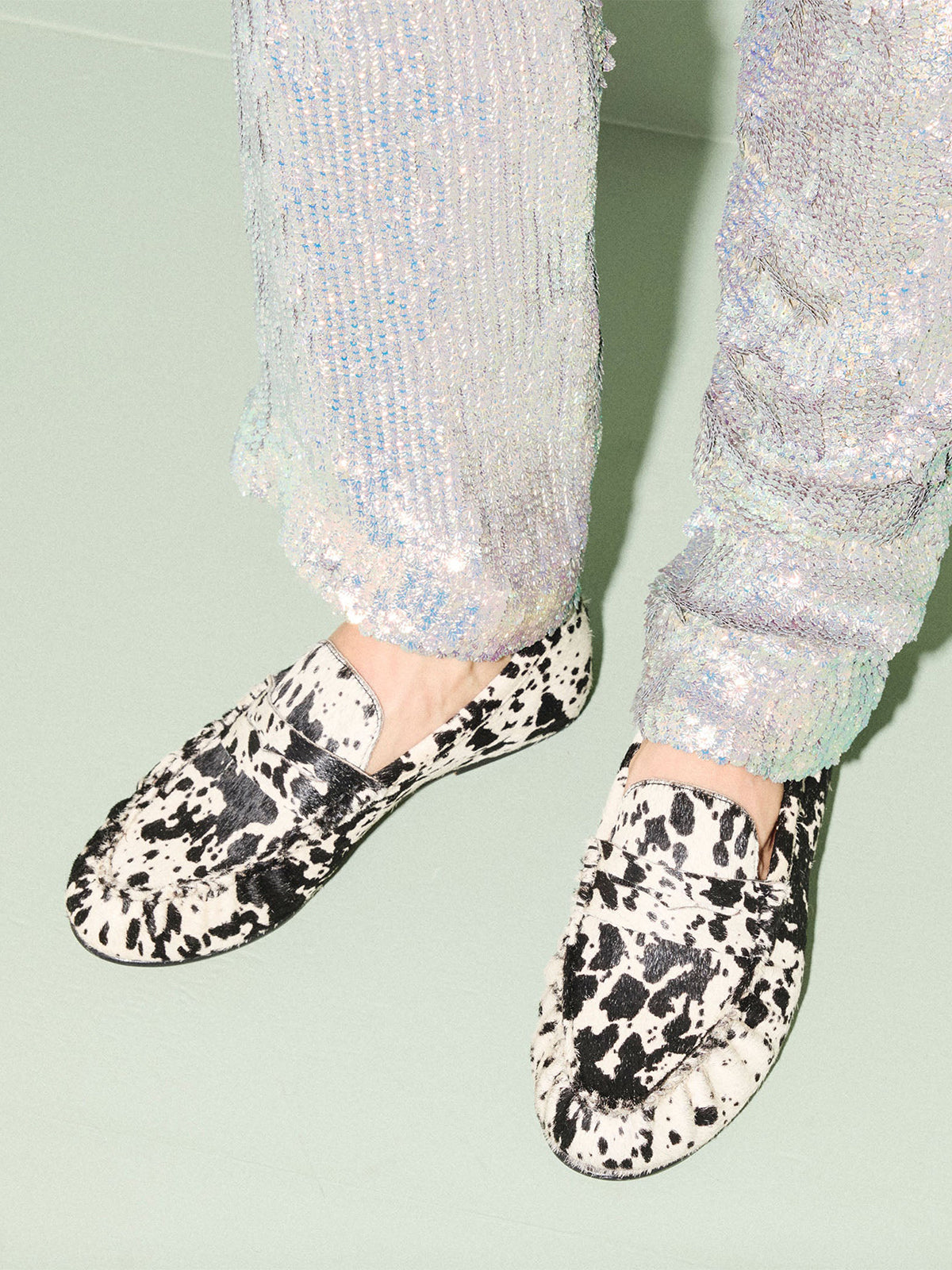 Cow Print Round-Toe Slip-On Ruched Penny Loafer Flats