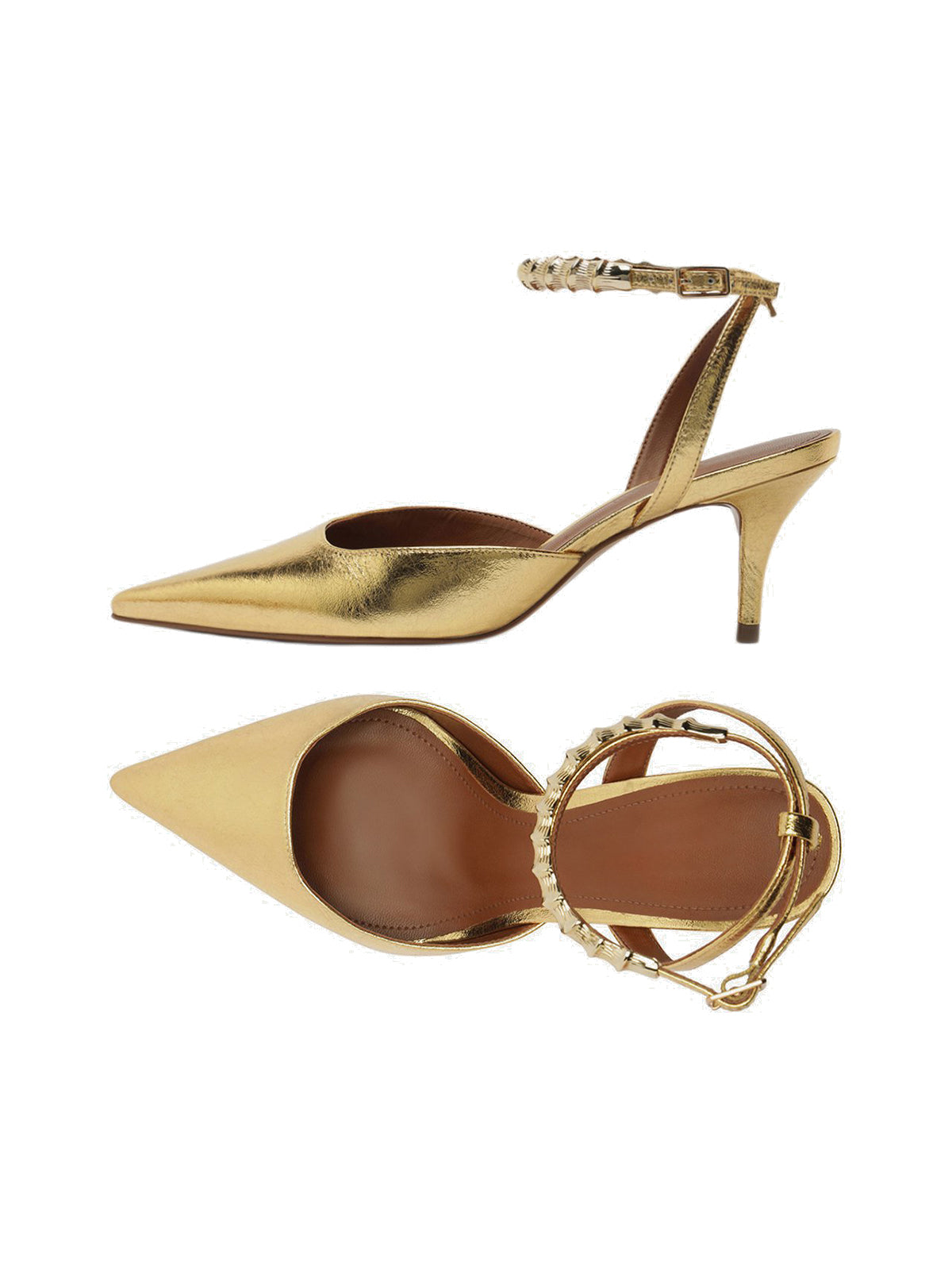 Metallic Gold Pointed-Toe Chic Slingback And Buckle Ankle Strap Kitten Heels