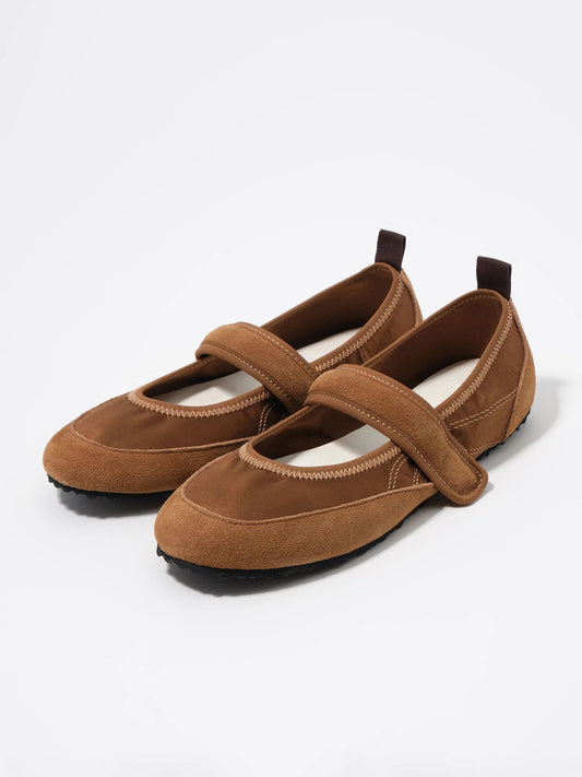 Tan Cow Suede And Satin Round-Toe Chic Mary Jane Strap Flats