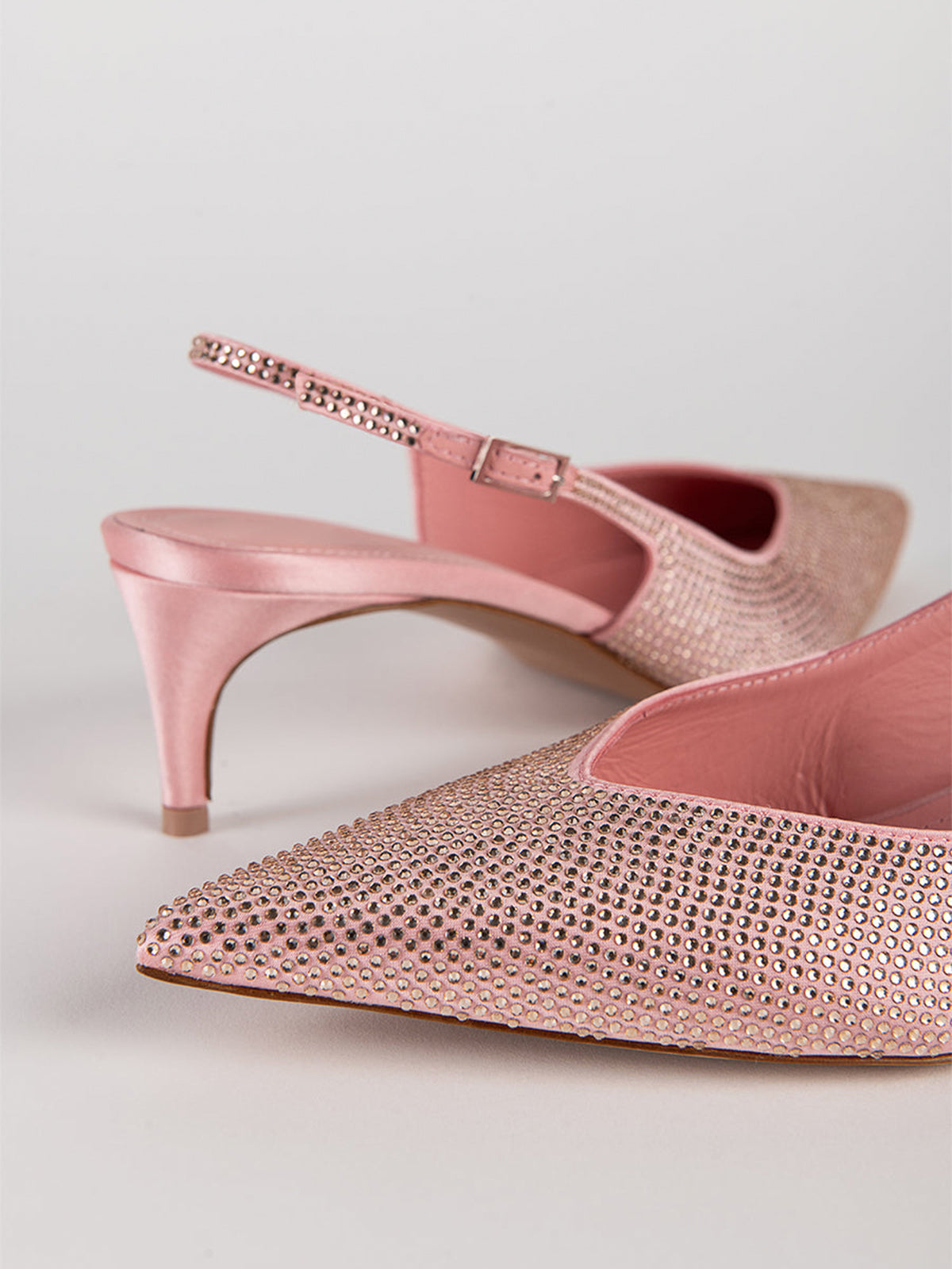 Pink Satin Pointed-Toe Rhinestone Slingback Kitten Heels