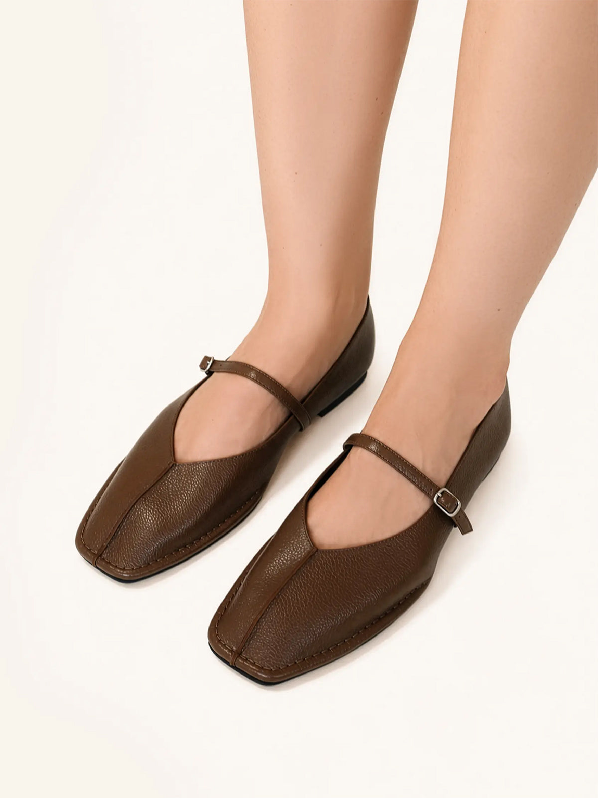 Dark Brown Square-Toe Buckle Middle And Ankle Strap Chic Flats