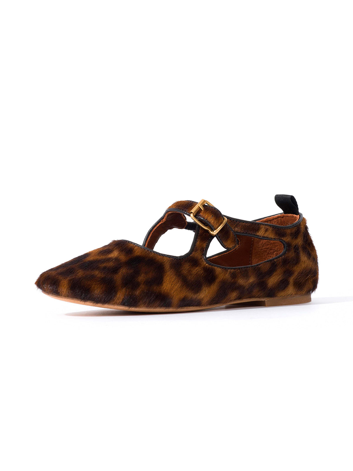 Square-Toe Buckle Strap Chic Flats - Leopard Pony Hair Vegan Leather