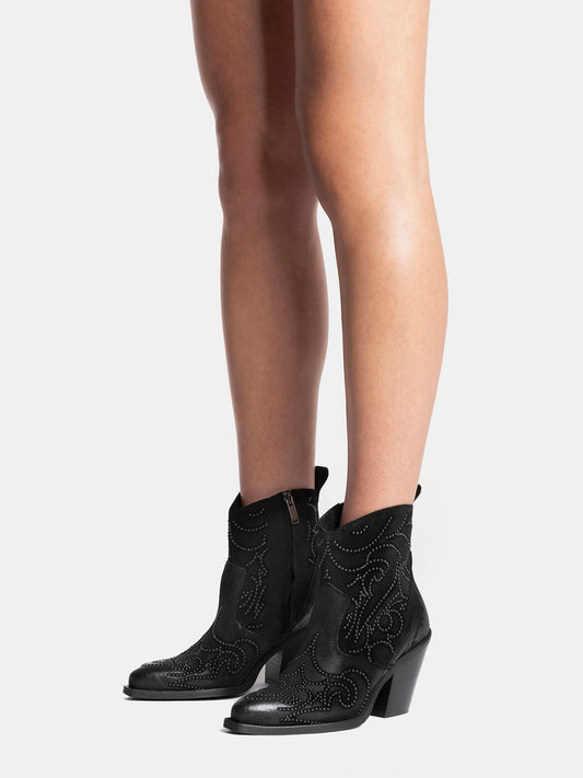 Black Faux Suede Snip-Toe Studded Full-Zip Ankle Cowgirl Boots