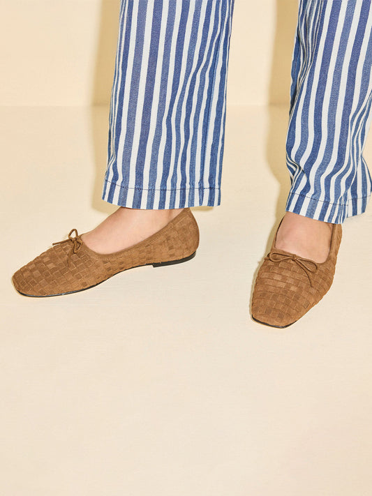 Coffee Faux Suede Woven Square-Toe Front Bow Ballet Flats