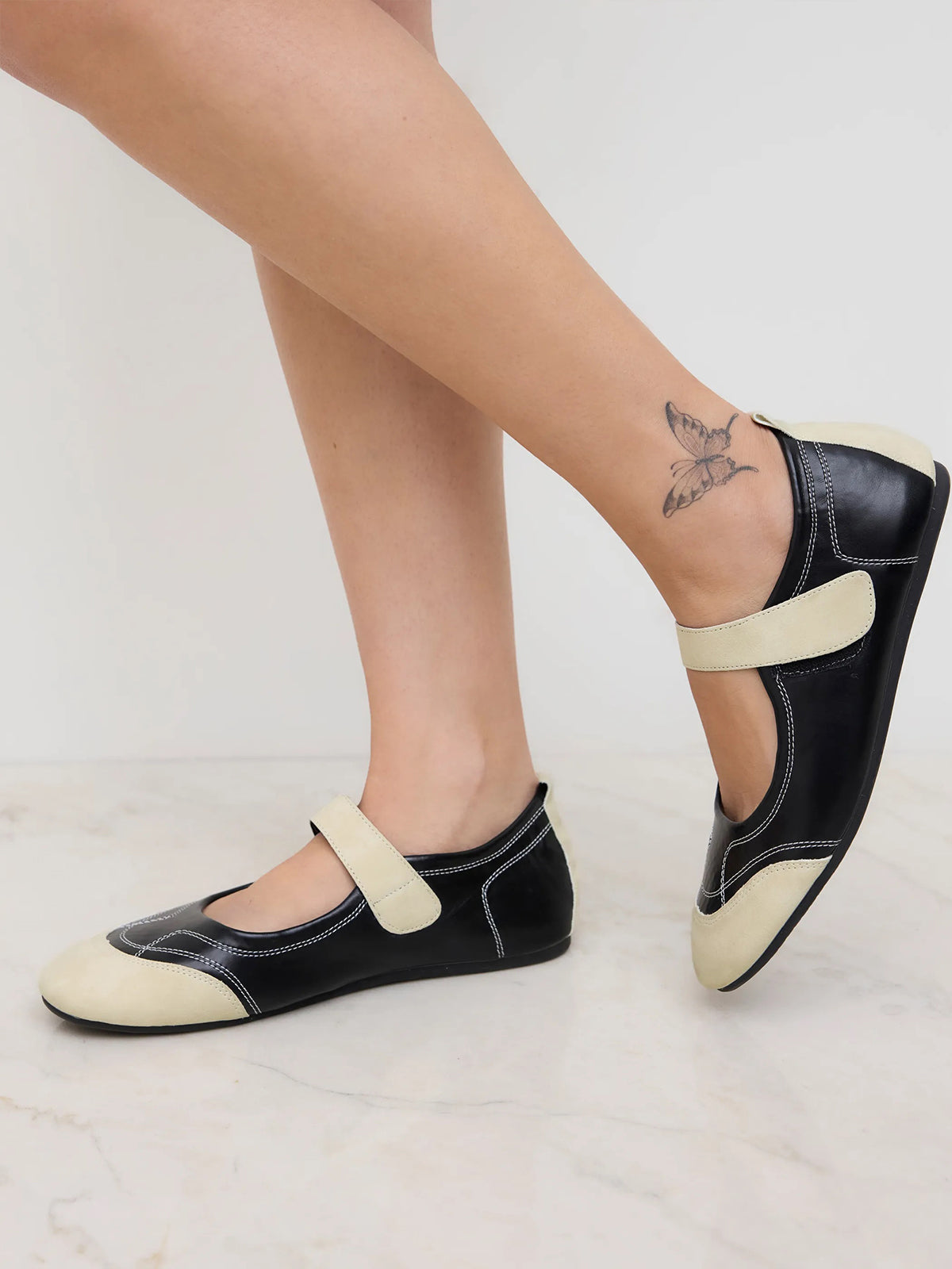Beige And Black Round-Toe Chic Mary Jane Classic Flats