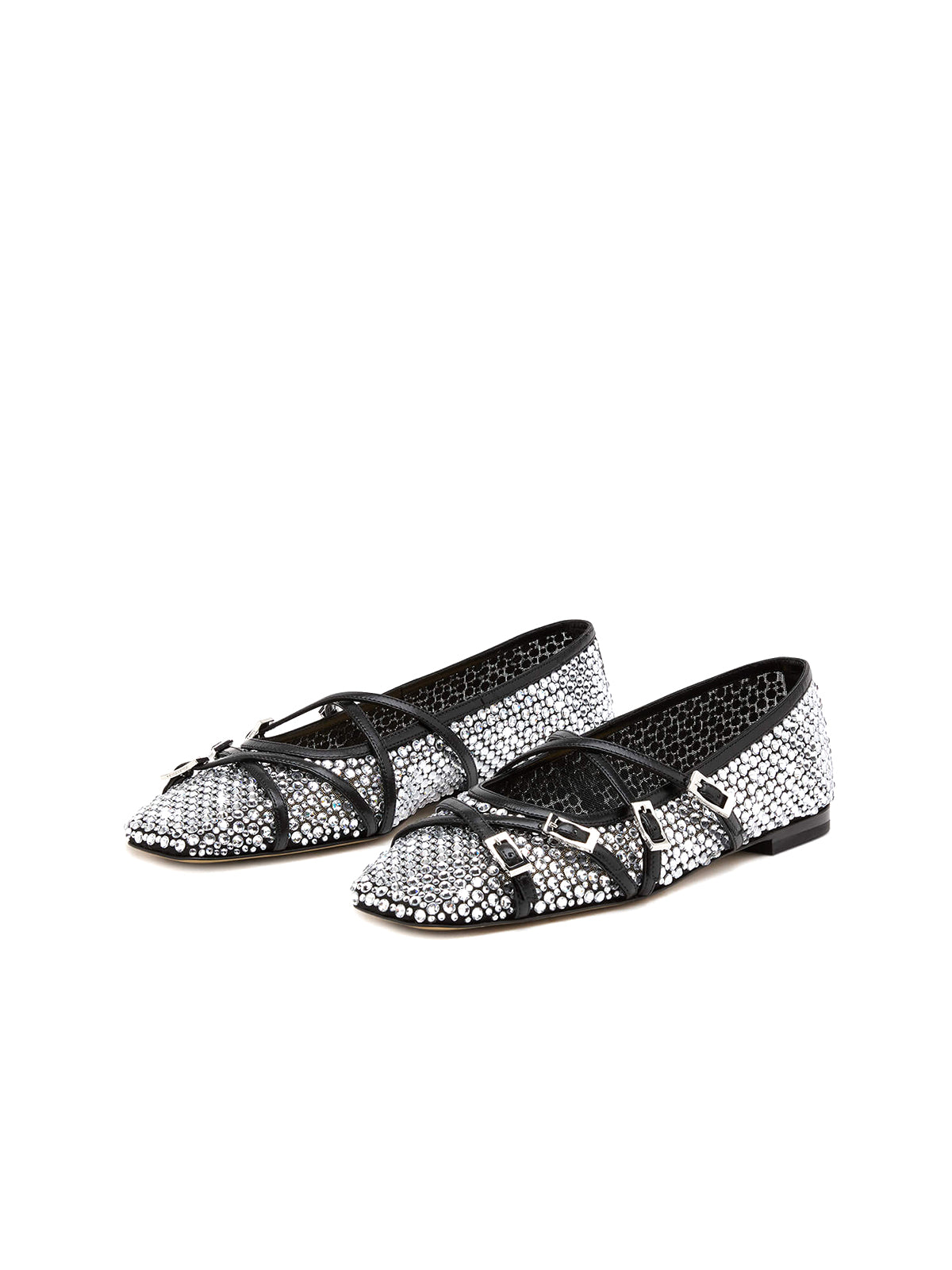 Black Rhinestone Mesh Square-Toe Strappy Ballet Flats