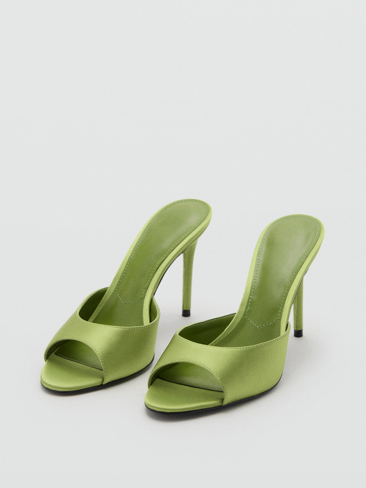 Green Satin Round-Toe Backless High Heels