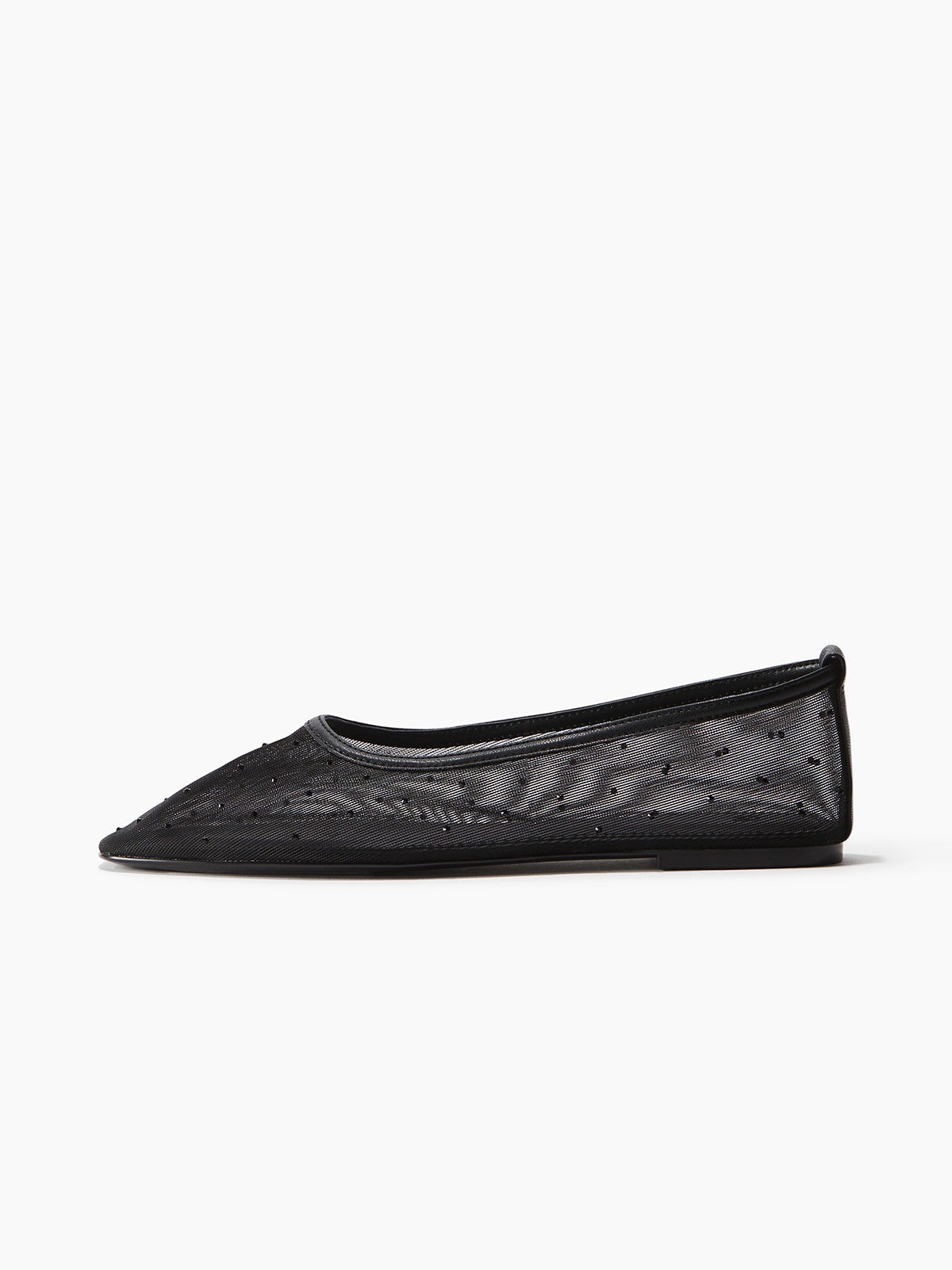 Rhinestone Mesh Square-Toe Ballet Flats - Black