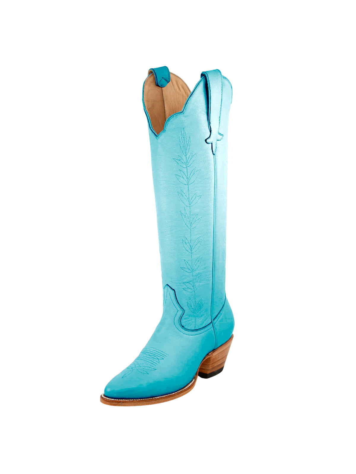 Almond-Toe Leaves Embroidery Wide Calf Knee High Cowgirl Boots - Sky Blue